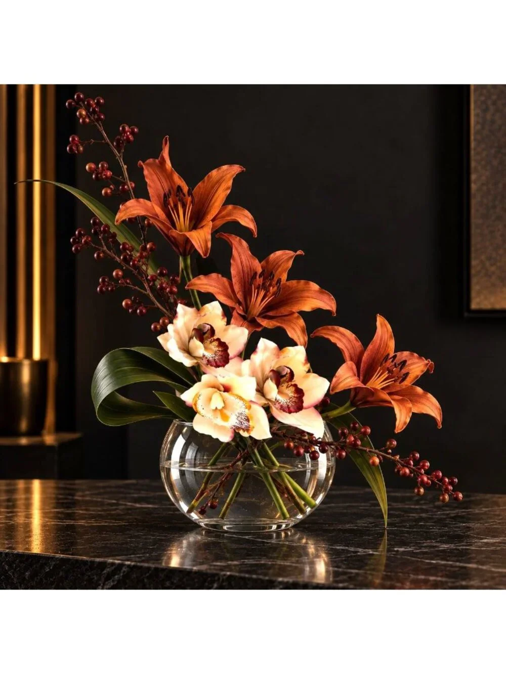 Artificial Cymbidium Orchid Bouquet 7 Stems Cream Blush Plum Coffee Faux Flowers